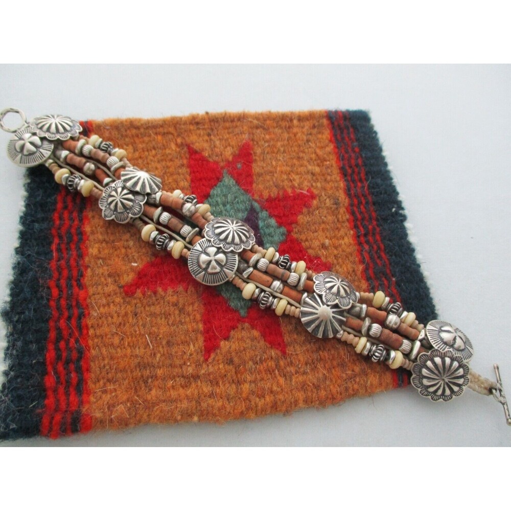 Vintage Native American Navajo Sterling Silver Concho Beaded Bracelet